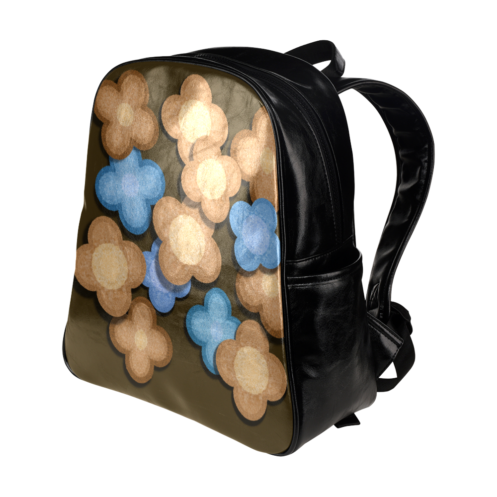 Brown and Blue Flowers Multi-Pockets Backpack (Model 1636)