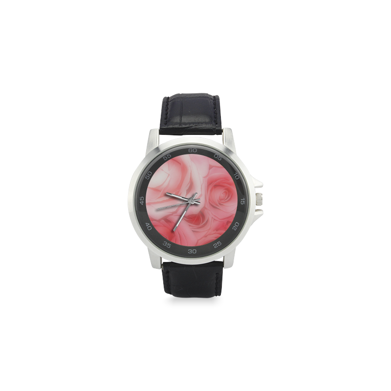 Bouquet of Pink Roses Soft Touch 1 Unisex Stainless Steel Leather Strap Watch(Model 202)