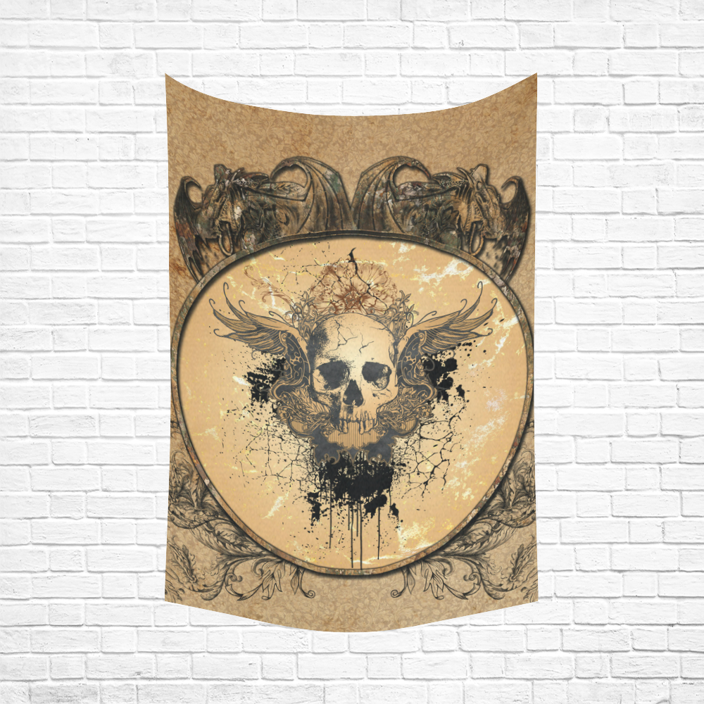 Awesome skull with wings and grunge Cotton Linen Wall Tapestry 60"x 90"