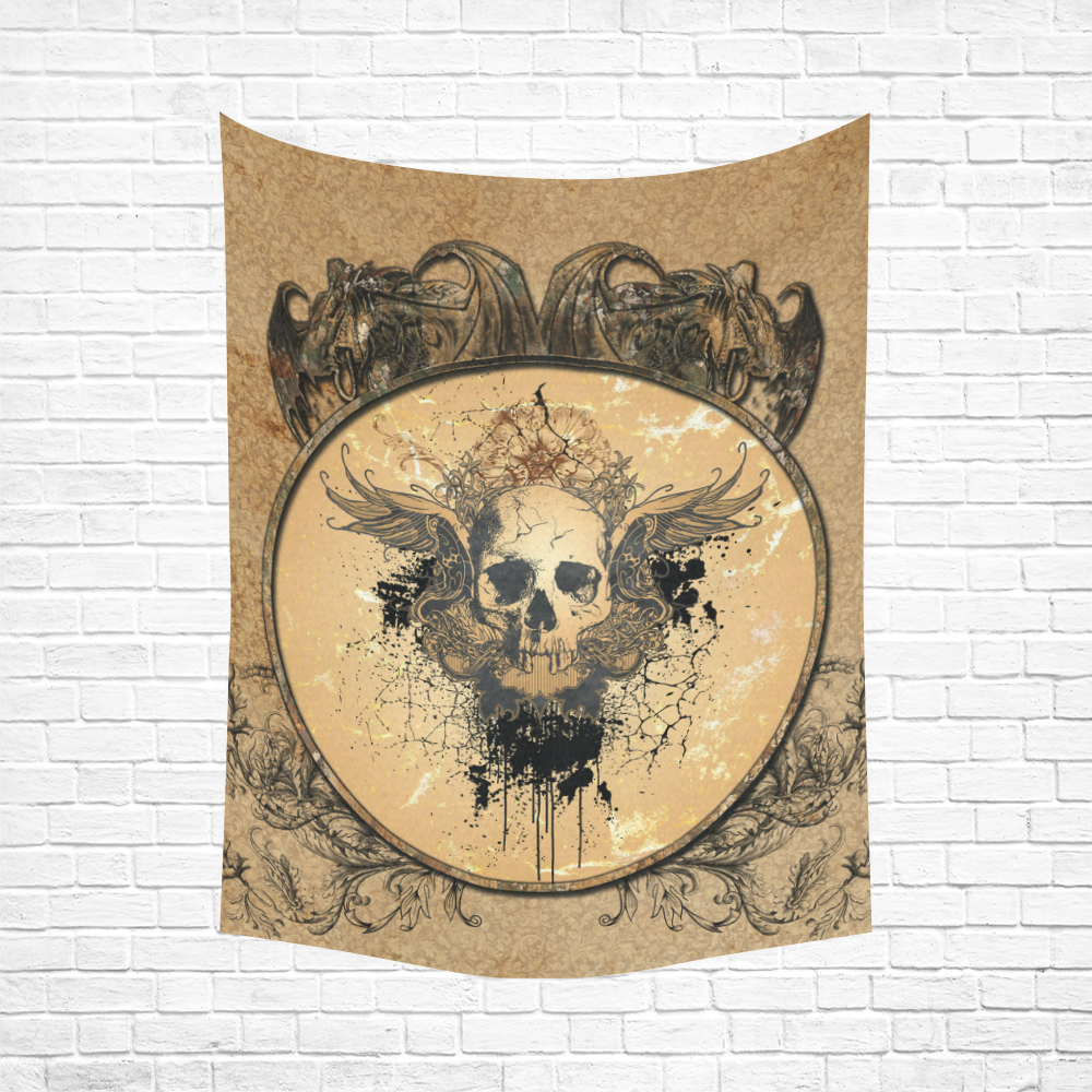 Awesome skull with wings and grunge Cotton Linen Wall Tapestry 60"x 80"