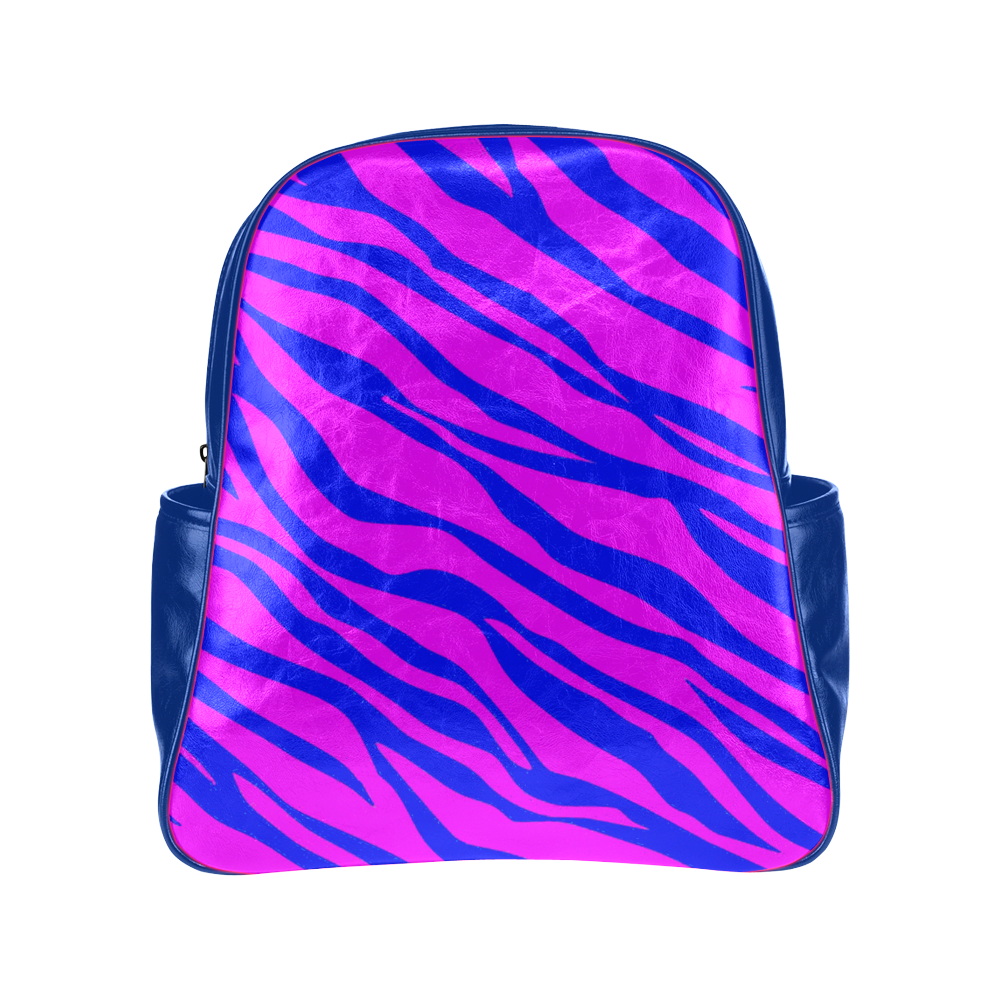 Hot Pink Blue Zebra Stripes Multi-Pockets Backpack (Model 1636)