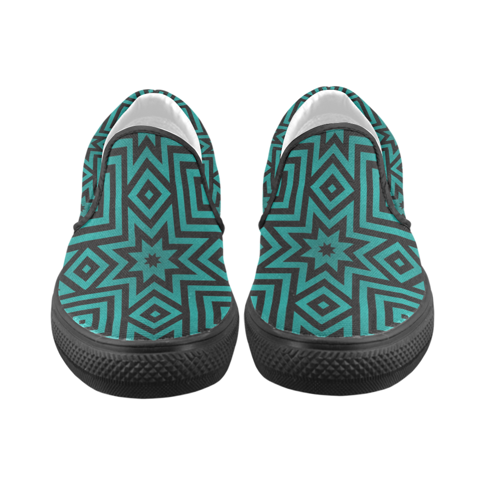 Teal/Black Tribal Pattern Women's Unusual Slip-on Canvas Shoes (Model 019)