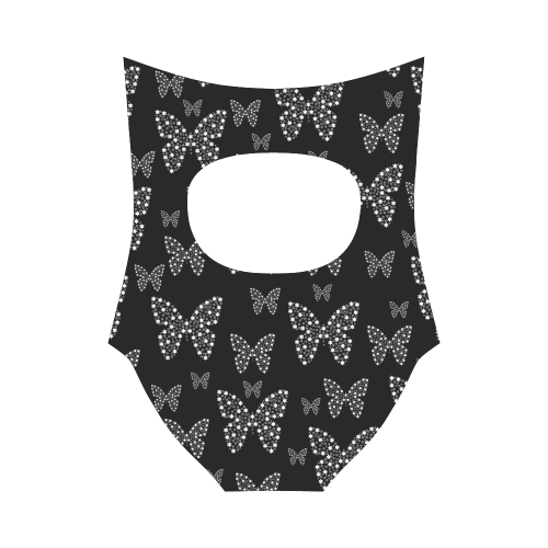 Black and White Butterflies Flowers Pattern Strap Swimsuit ( Model S05)