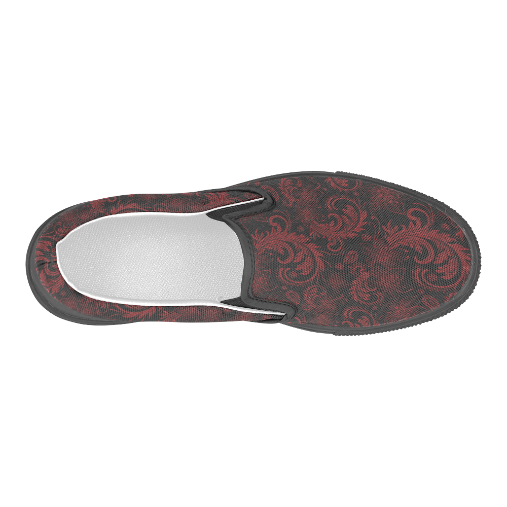 Elegant vintage flourish damasks in  black and red Men's Slip-on Canvas Shoes (Model 019)