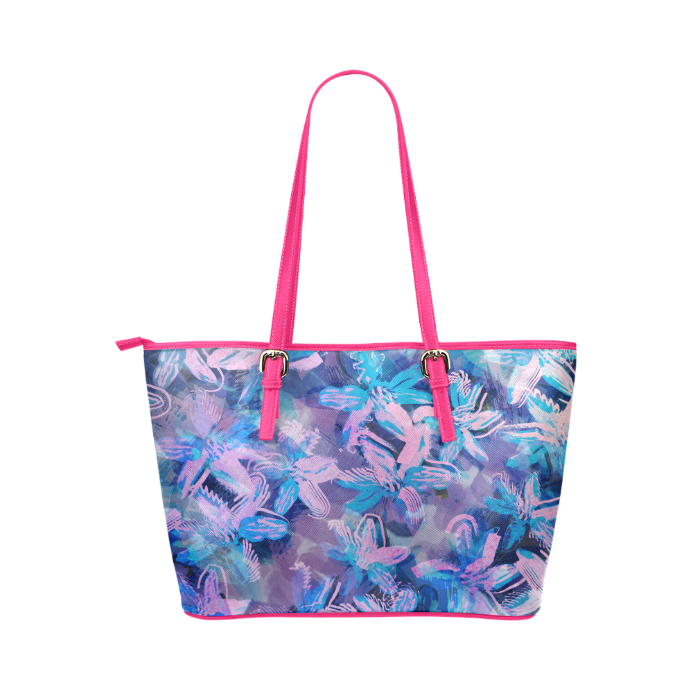 Little Blue and Purple Flowers Leather Tote Bag/Large (Model 1651)