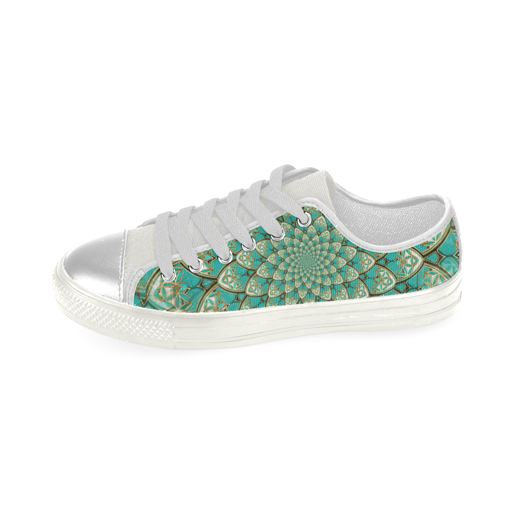 LOTUS FLOWER PATTERN gold turquoise white Women's Classic Canvas Shoes (Model 018)