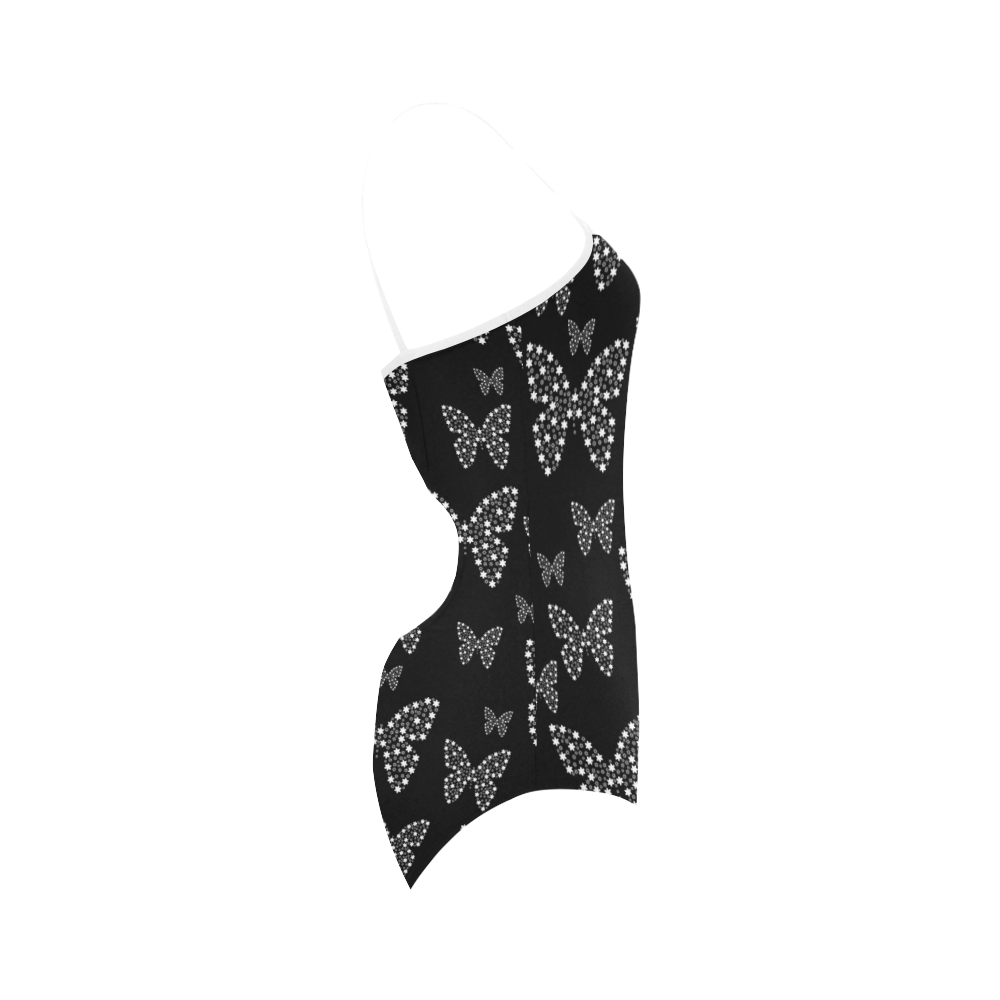 Black and White Butterflies Flowers Pattern Strap Swimsuit ( Model S05)