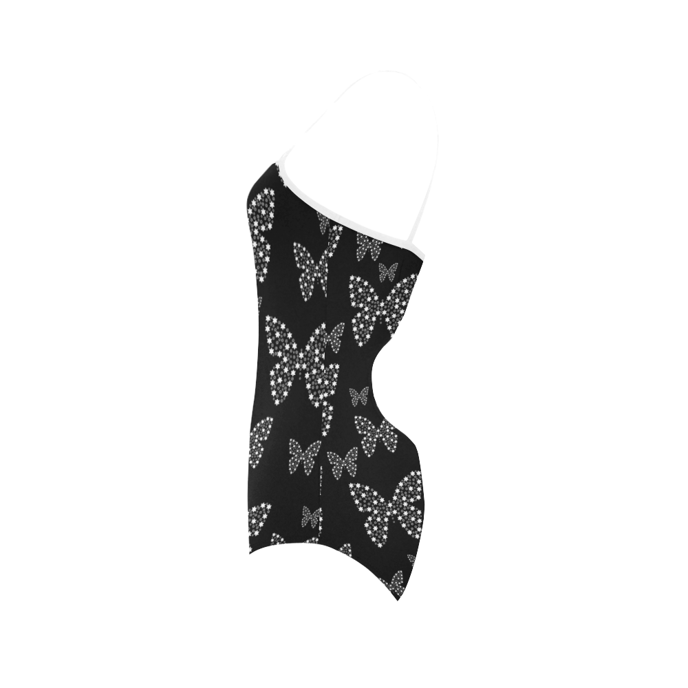 Black and White Butterflies Flowers Pattern Strap Swimsuit ( Model S05)
