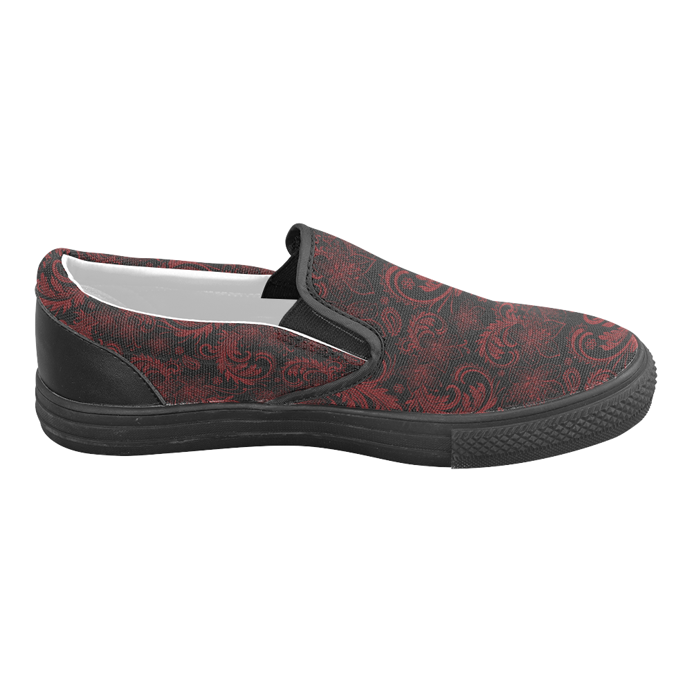 Elegant vintage flourish damasks in  black and red Men's Slip-on Canvas Shoes (Model 019)