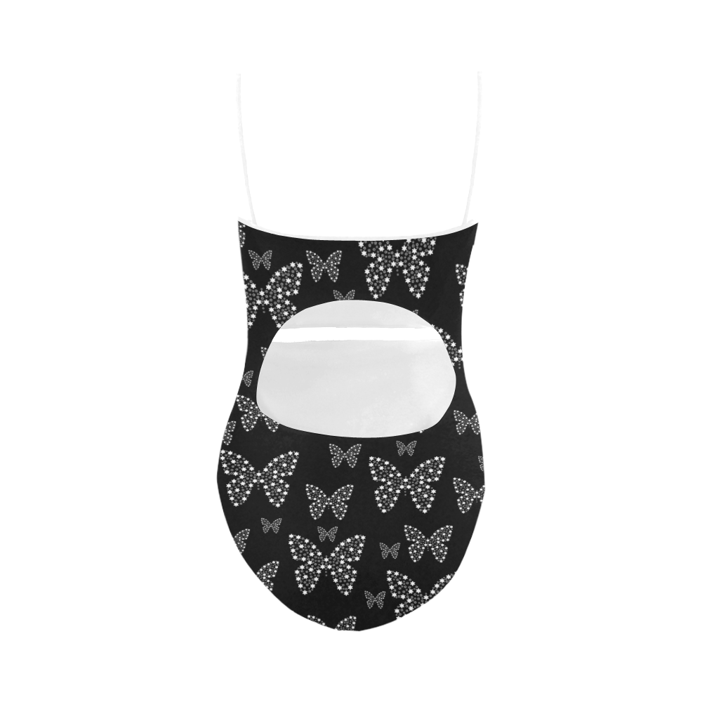 Black and White Butterflies Flowers Pattern Strap Swimsuit ( Model S05)