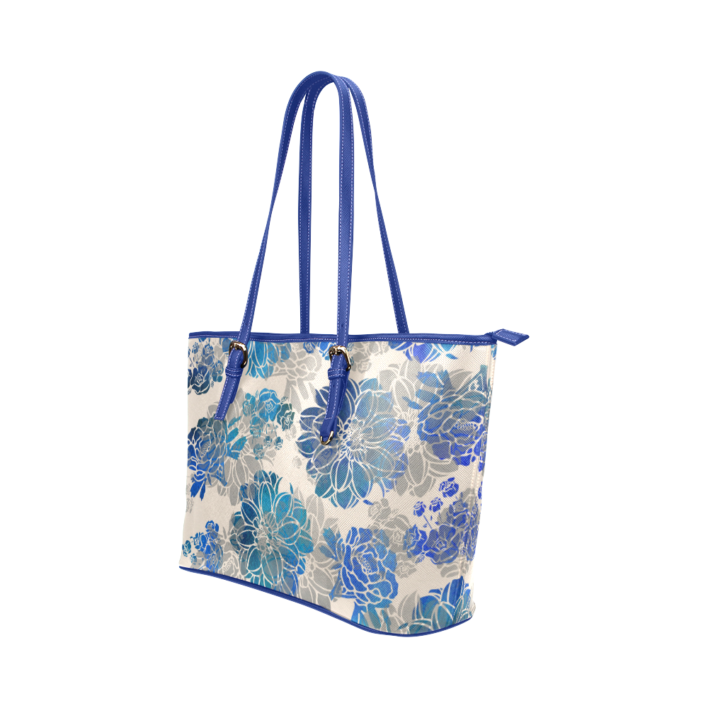 Flowers - Creme and Blue Leather Tote Bag/Large (Model 1651)