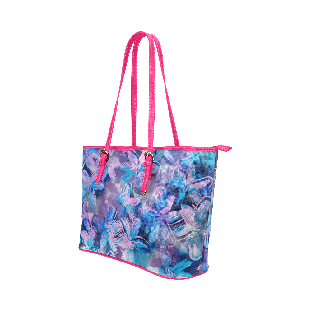 Little Blue and Purple Flowers Leather Tote Bag/Large (Model 1651)