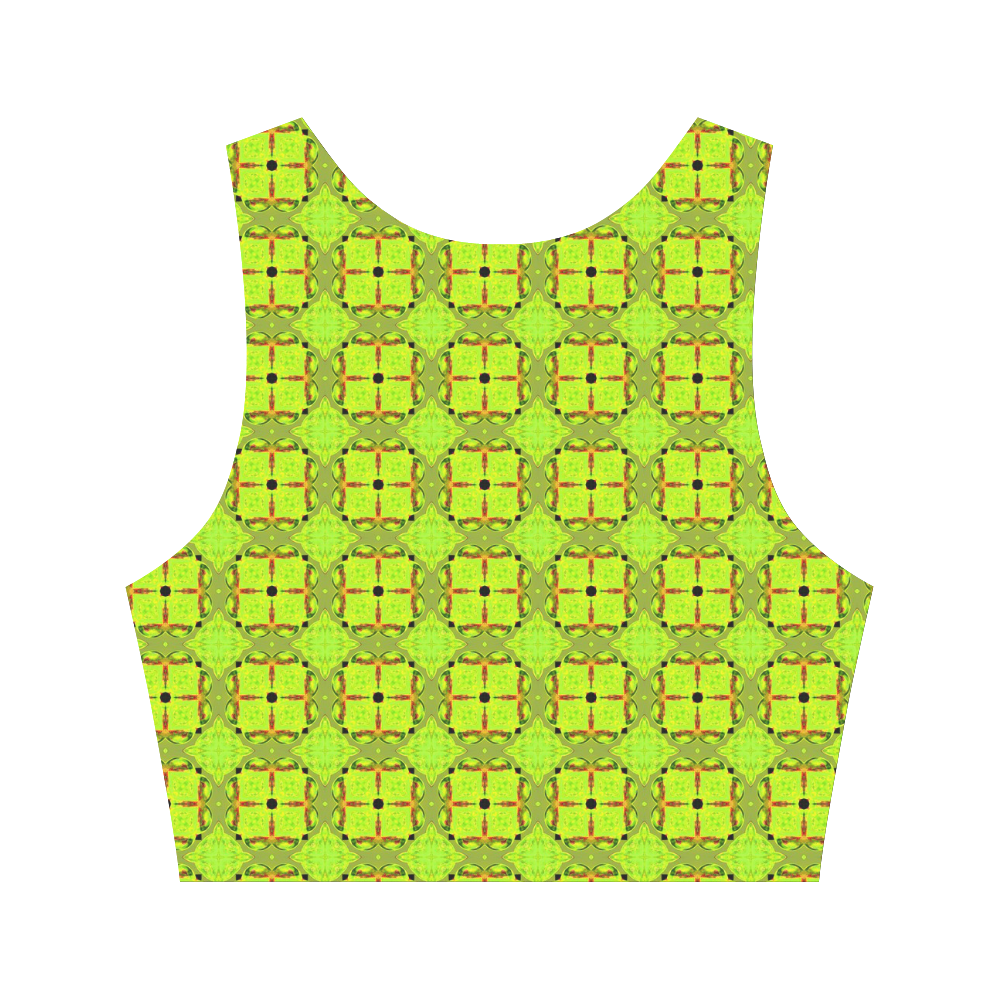 Lime Gold Geometric Squares Diamonds Women's Crop Top (Model T42)