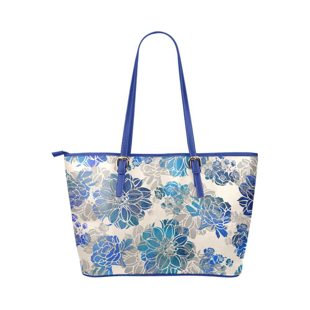 Flowers - Creme and Blue Leather Tote Bag/Large (Model 1651)