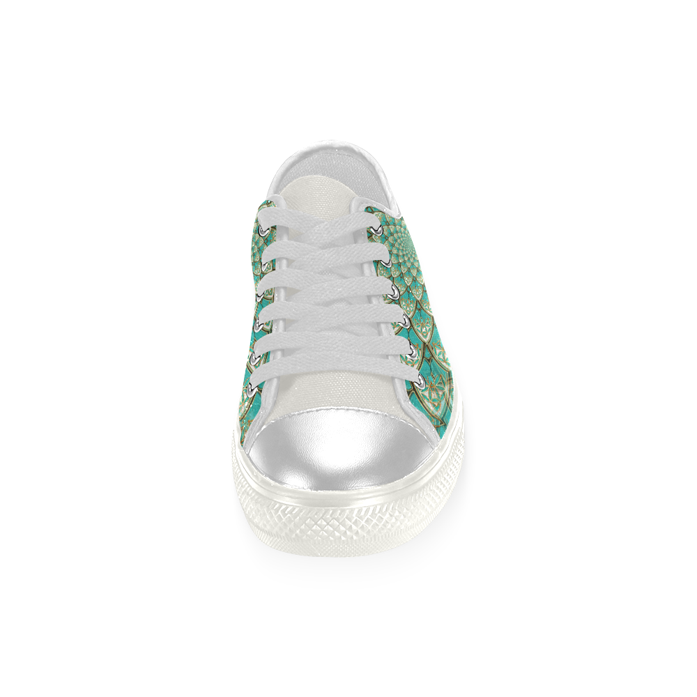 LOTUS FLOWER PATTERN gold turquoise white Women's Classic Canvas Shoes (Model 018)