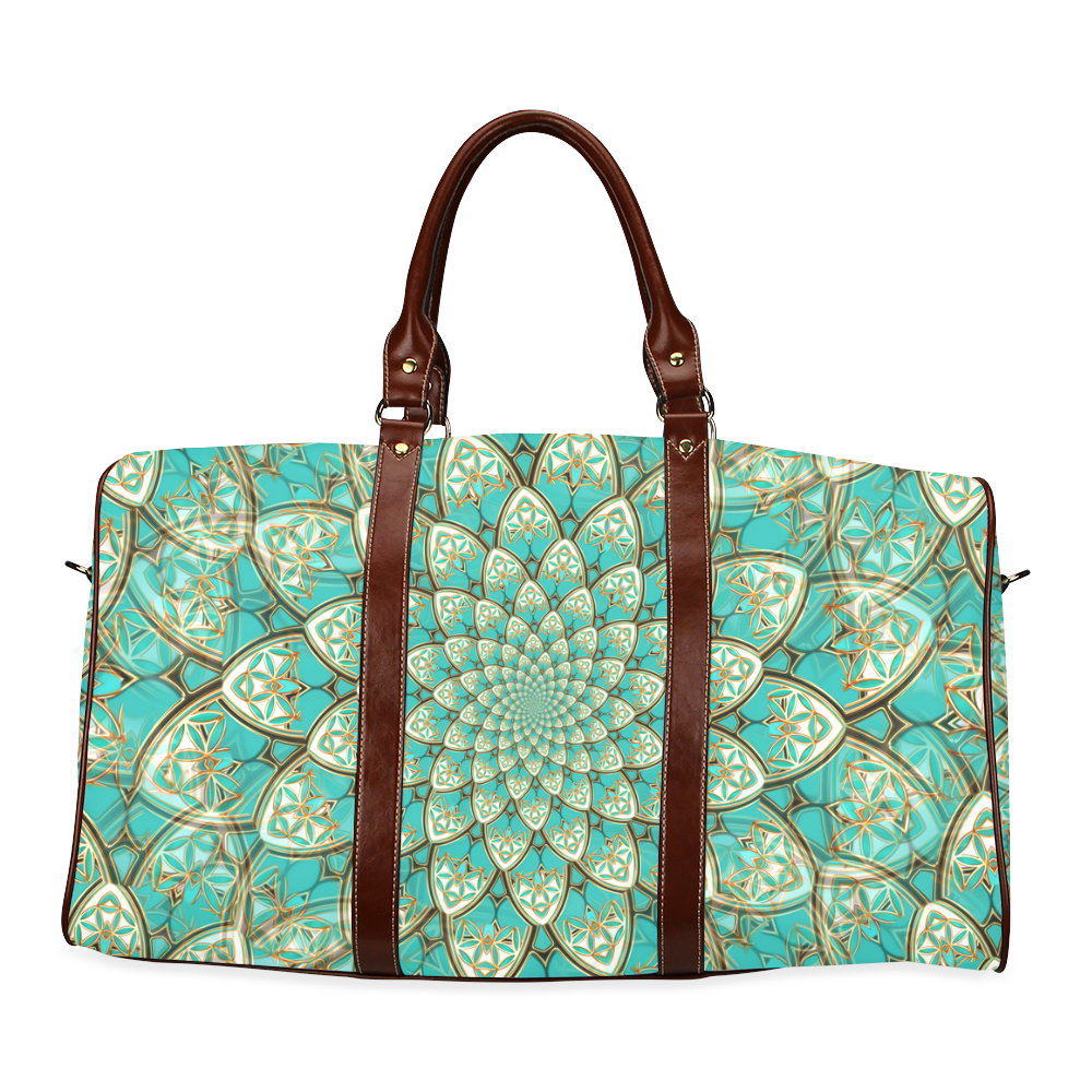 LOTUS FLOWER PATTERN gold turquoise white Waterproof Travel Bag/Large (Model 1639)