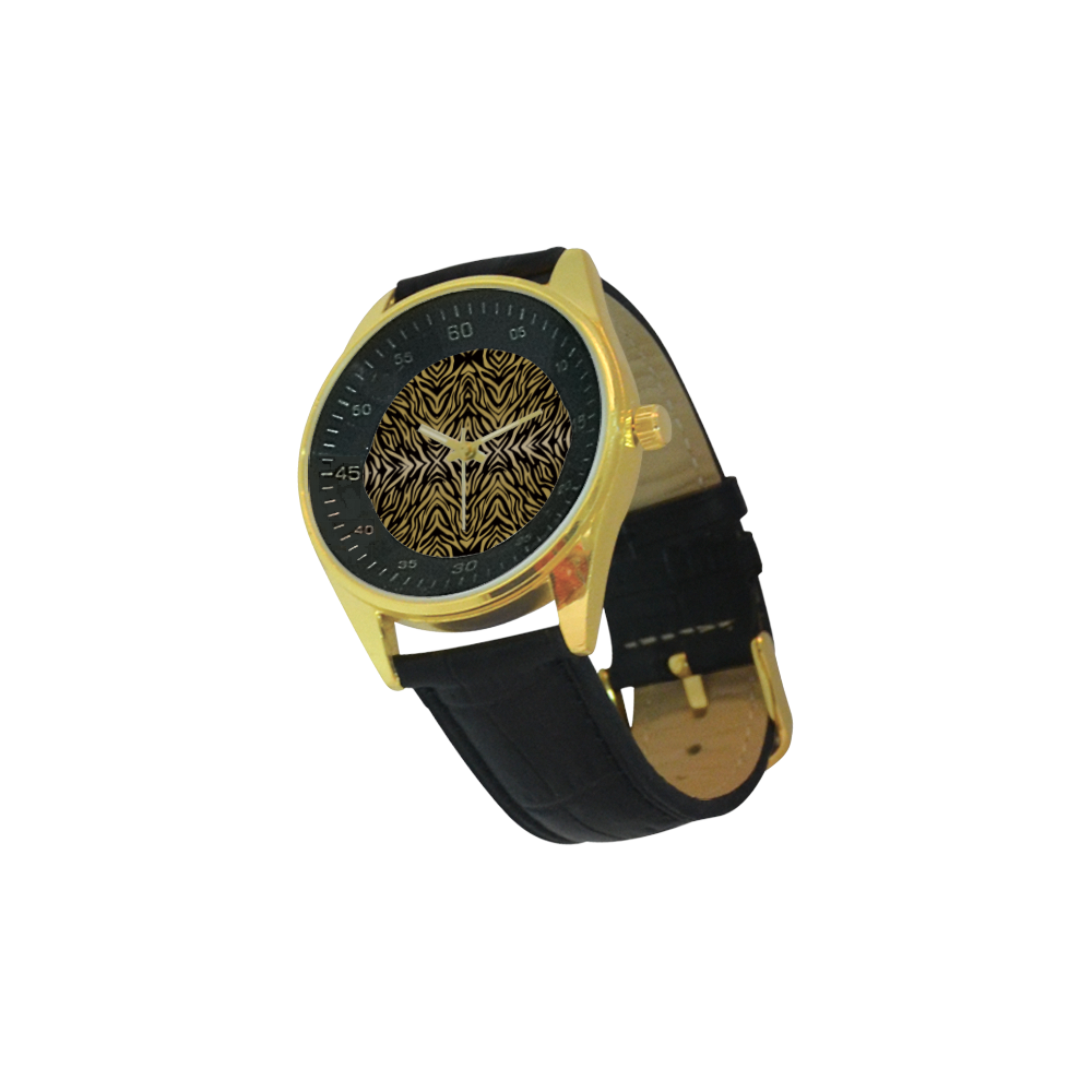 Gold and Black Zebra Print Pattern Men's Golden Leather Strap Watch(Model 210)