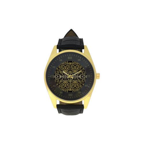 Gold and Black Zebra Print Pattern Men's Golden Leather Strap Watch(Model 210)