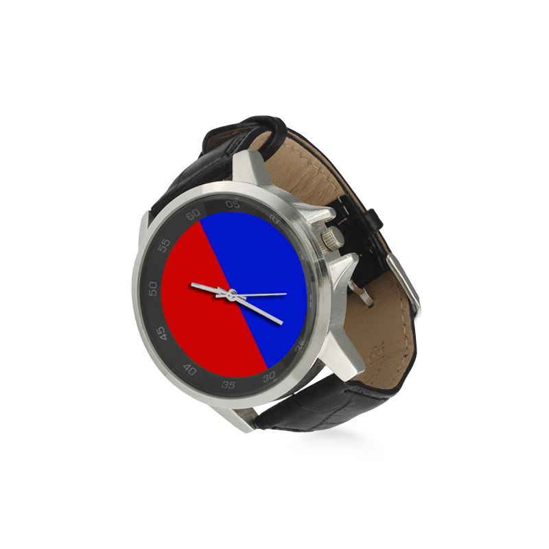 Only two Colors: Fire Red - Royal Blue Unisex Stainless Steel Leather Strap Watch(Model 202)