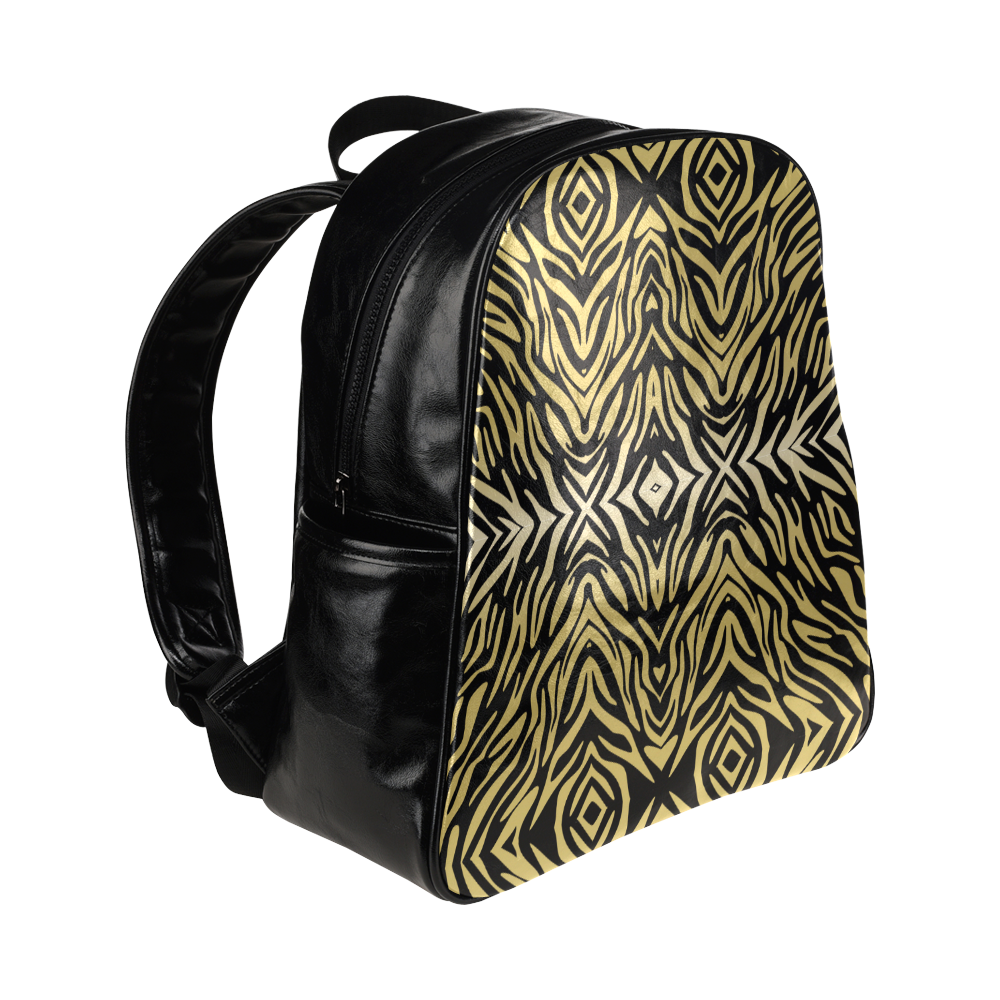 Gold and Black Zebra Print Pattern Multi-Pockets Backpack (Model 1636)
