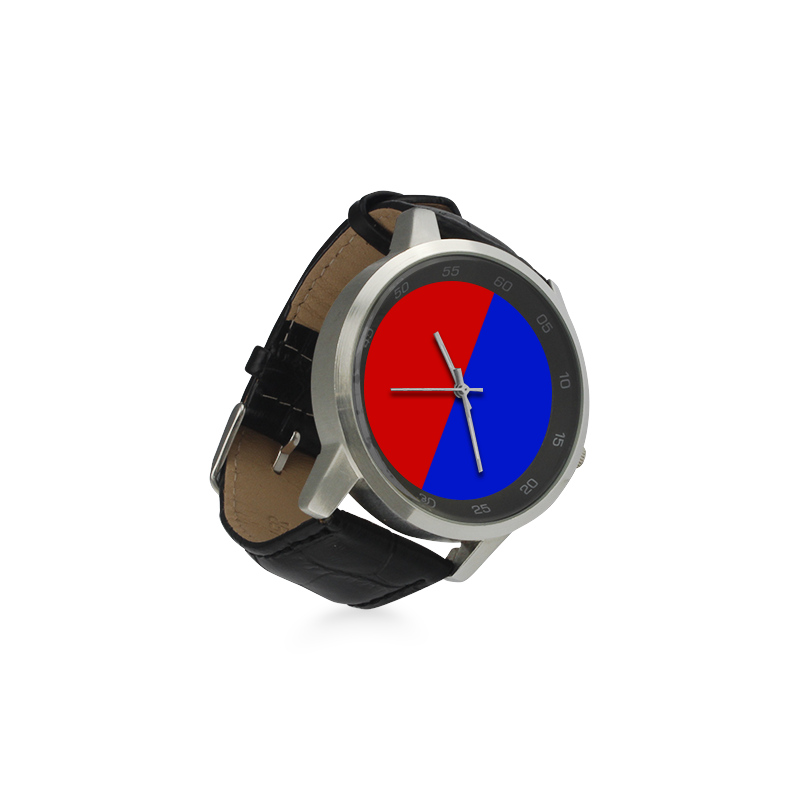 Only two Colors: Fire Red - Royal Blue Unisex Stainless Steel Leather Strap Watch(Model 202)