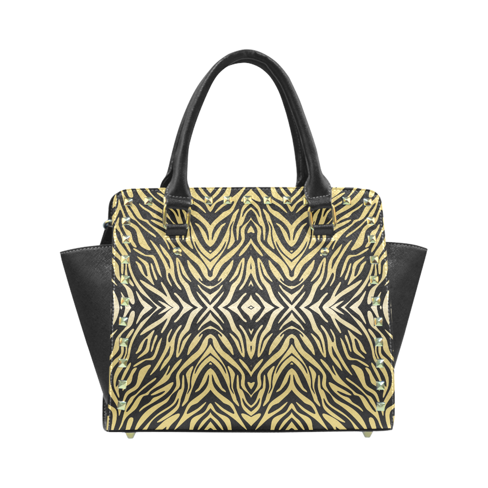Gold and Black Zebra Print Pattern Rivet Shoulder Handbag (Model 1645)