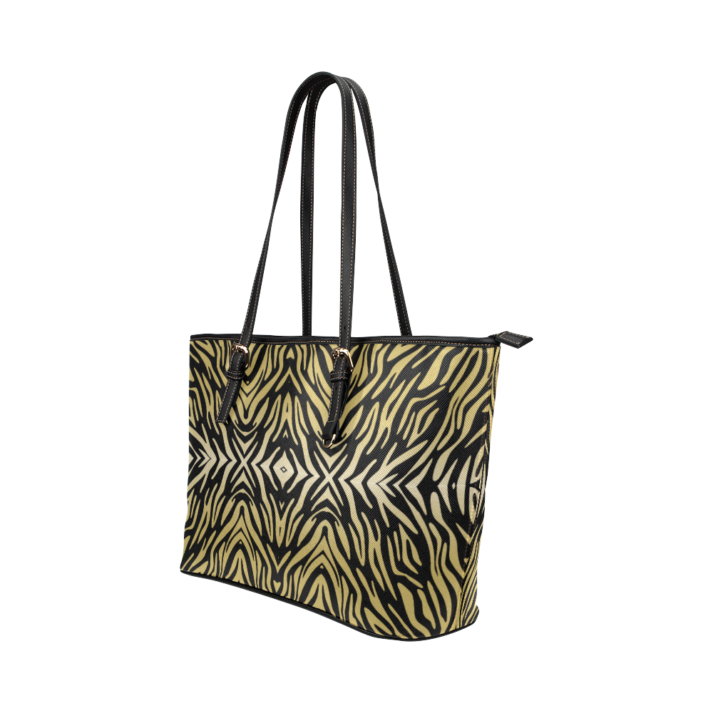 Gold and Black Zebra Print Pattern Leather Tote Bag/Large (Model 1651)