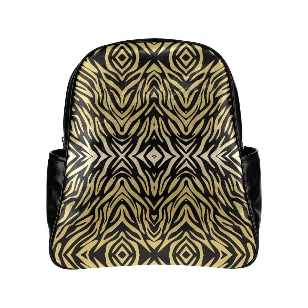 Gold and Black Zebra Print Pattern Multi-Pockets Backpack (Model 1636)