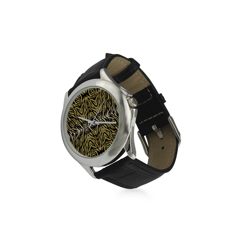 Gold and Black Zebra Print Pattern Women's Classic Leather Strap Watch(Model 203)