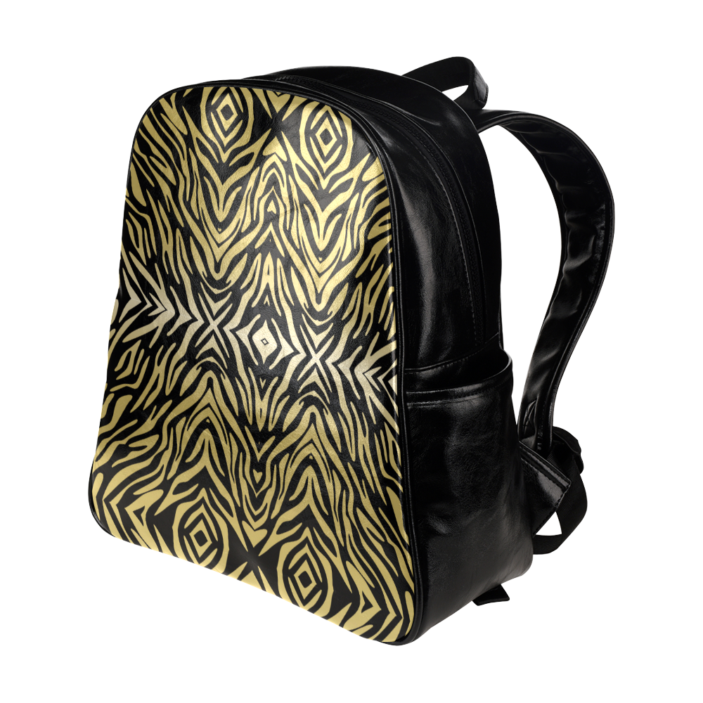 Gold and Black Zebra Print Pattern Multi-Pockets Backpack (Model 1636)