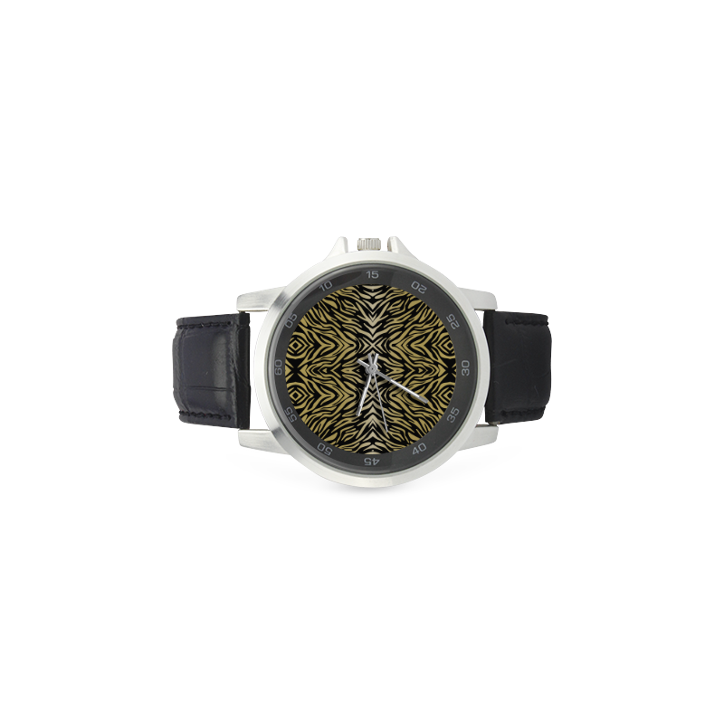 Gold and Black Zebra Print Pattern Unisex Stainless Steel Leather Strap Watch(Model 202)