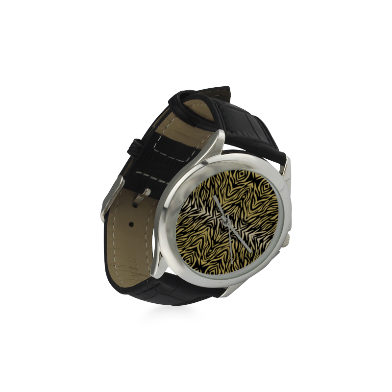 Gold and Black Zebra Print Pattern Women's Classic Leather Strap Watch(Model 203)