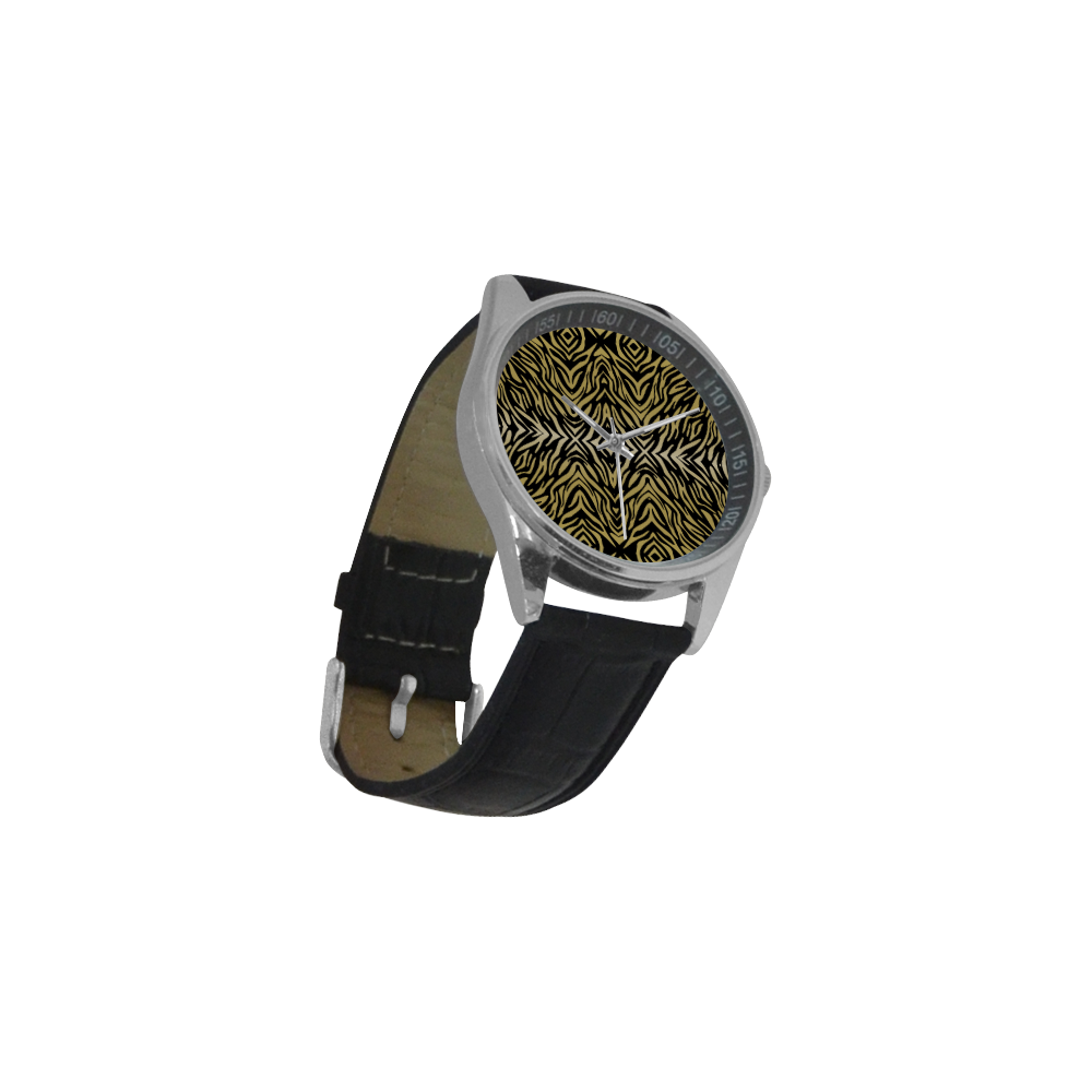Gold and Black Zebra Print Pattern Men's Casual Leather Strap Watch(Model 211)