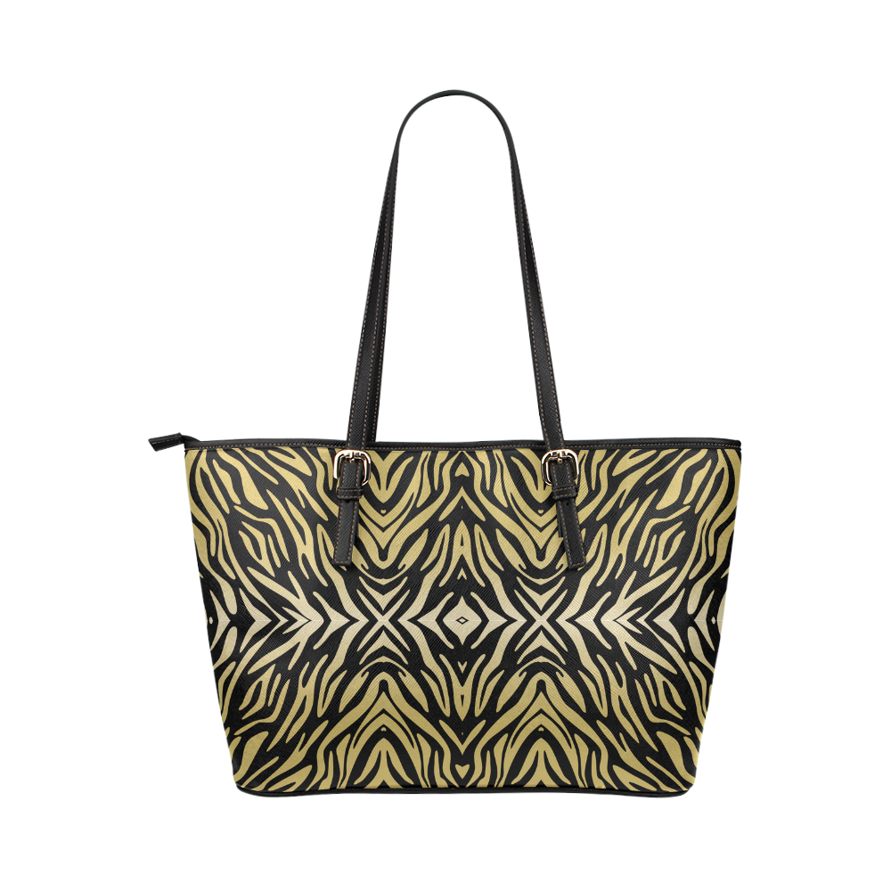 Gold and Black Zebra Print Pattern Leather Tote Bag/Large (Model 1651)