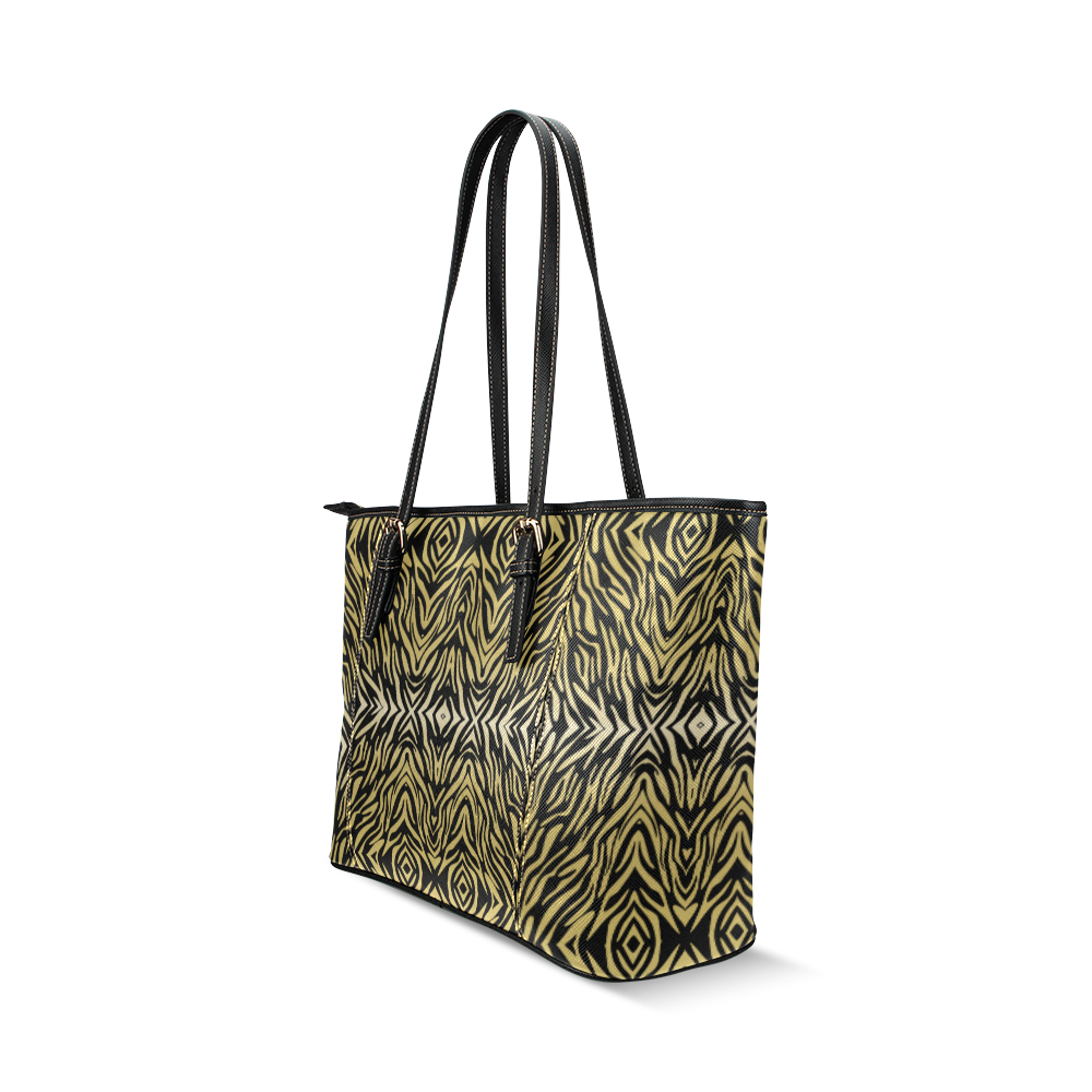 Gold and Black Zebra Print Pattern Leather Tote Bag/Large (Model 1640)