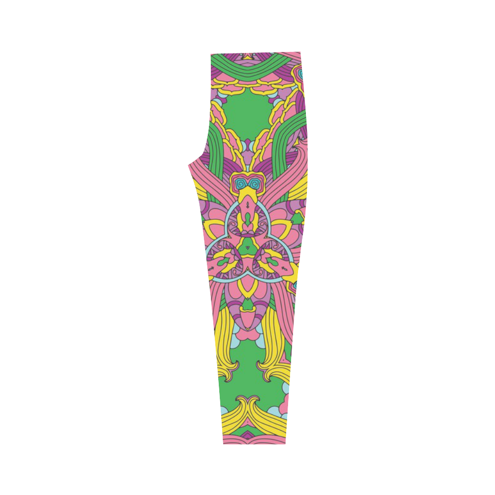 Zandine 0204 pink green yellow bold floral pattern Capri Legging (Model L02)