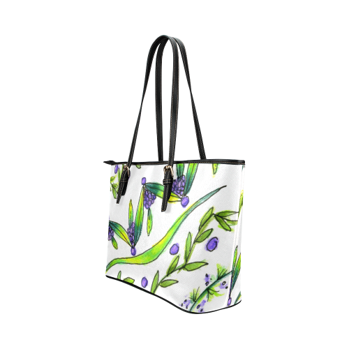 Dancing Greeen, Purple Vines, Grapes Zendoodle Leather Tote Bag/Small (Model 1651)