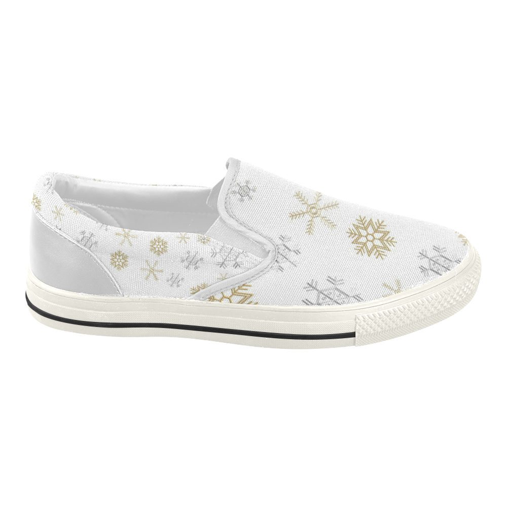 Silver and Gold Snowflakes on a White Background 2 Women's Slip-on Canvas Shoes (Model 019)