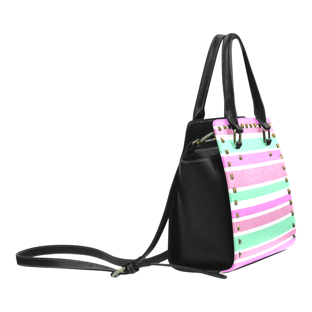 Pink Green Stripes Pattern Rivet Shoulder Handbag (Model 1645)