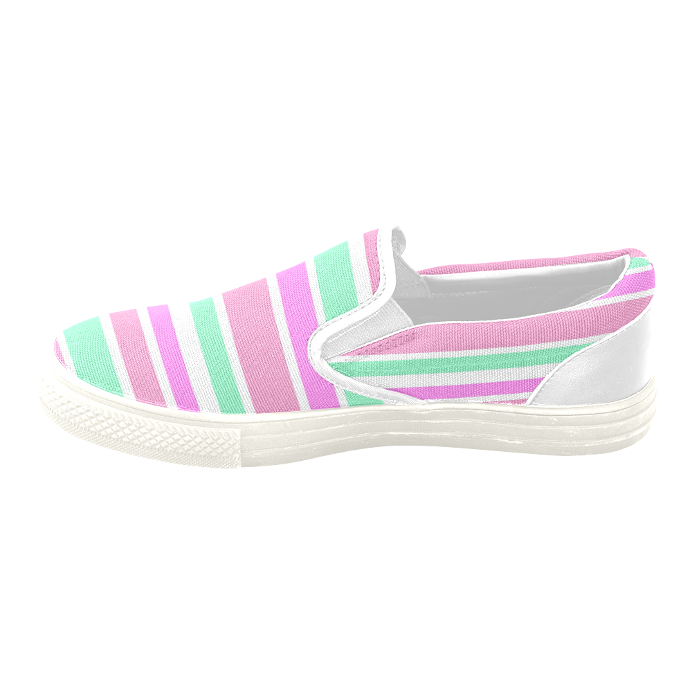 Pink Green Stripes Pattern Women's Unusual Slip-on Canvas Shoes (Model 019)