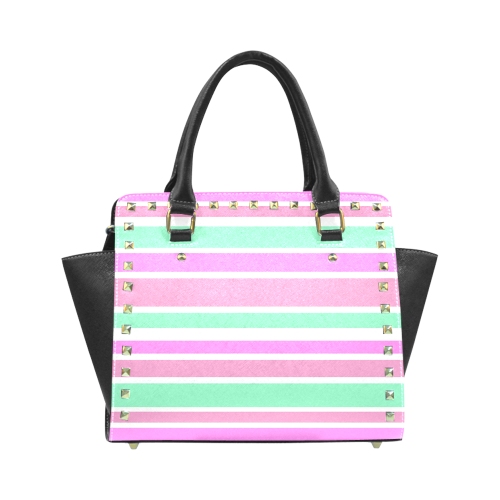 Pink Green Stripes Pattern Rivet Shoulder Handbag (Model 1645)