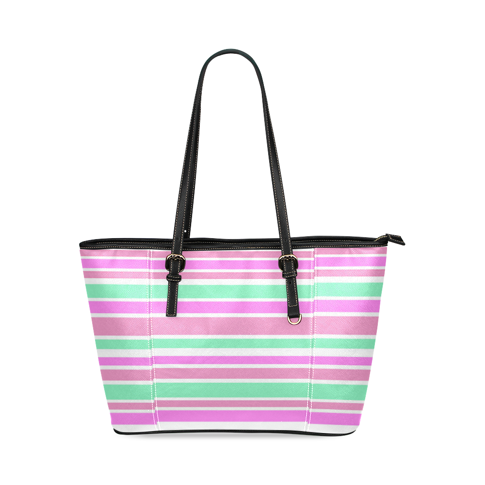 Pink Green Stripes Pattern Leather Tote Bag/Large (Model 1640)