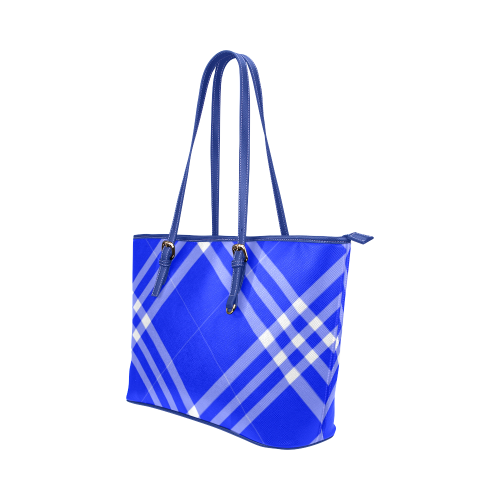 Blue and White Tartan Plaid Leather Tote Bag/Large (Model 1651)