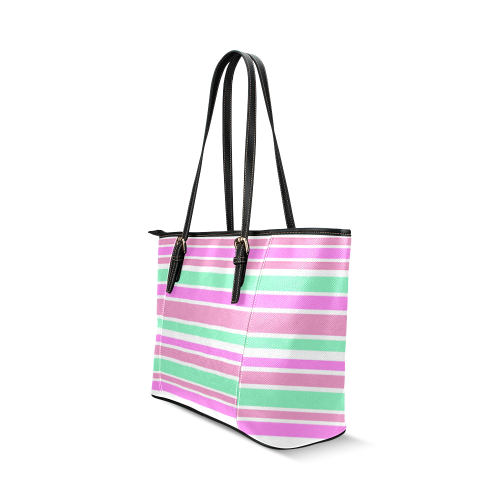 Pink Green Stripes Pattern Leather Tote Bag/Small (Model 1640)