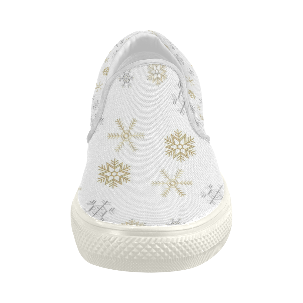 Silver and Gold Snowflakes on a White Background 2 Women's Slip-on Canvas Shoes (Model 019)