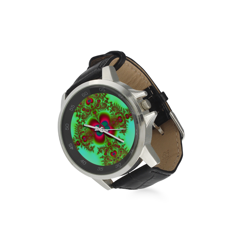 Bohemian Rapture Fractal Abstract Unisex Stainless Steel Leather Strap Watch(Model 202)