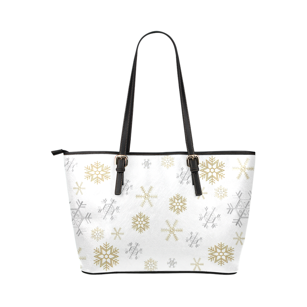 Silver and Gold Snowflakes on a White Background 2 Leather Tote Bag/Small (Model 1651)