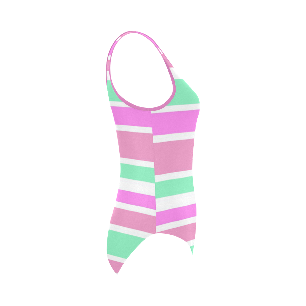 Pink Green Stripes Pattern Vest One Piece Swimsuit (Model S04)