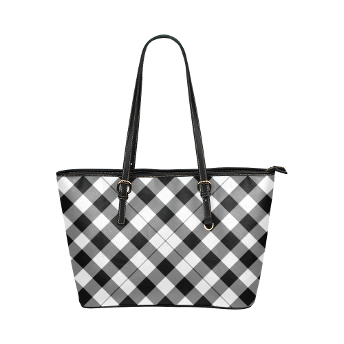 Black and White Tartan Plaid Leather Tote Bag/Small (Model 1651)