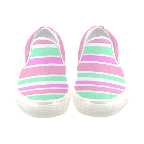 Pink Green Stripes Pattern Women's Unusual Slip-on Canvas Shoes (Model 019)